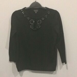 Talbots‎ Black Merino Wool Three-Quarter Sleeve Classic Jewel Neck Sweater